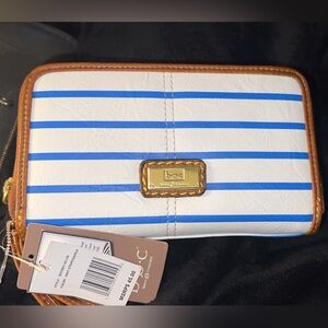 boc White Wallet with Blue Stripes and Brown Trim
